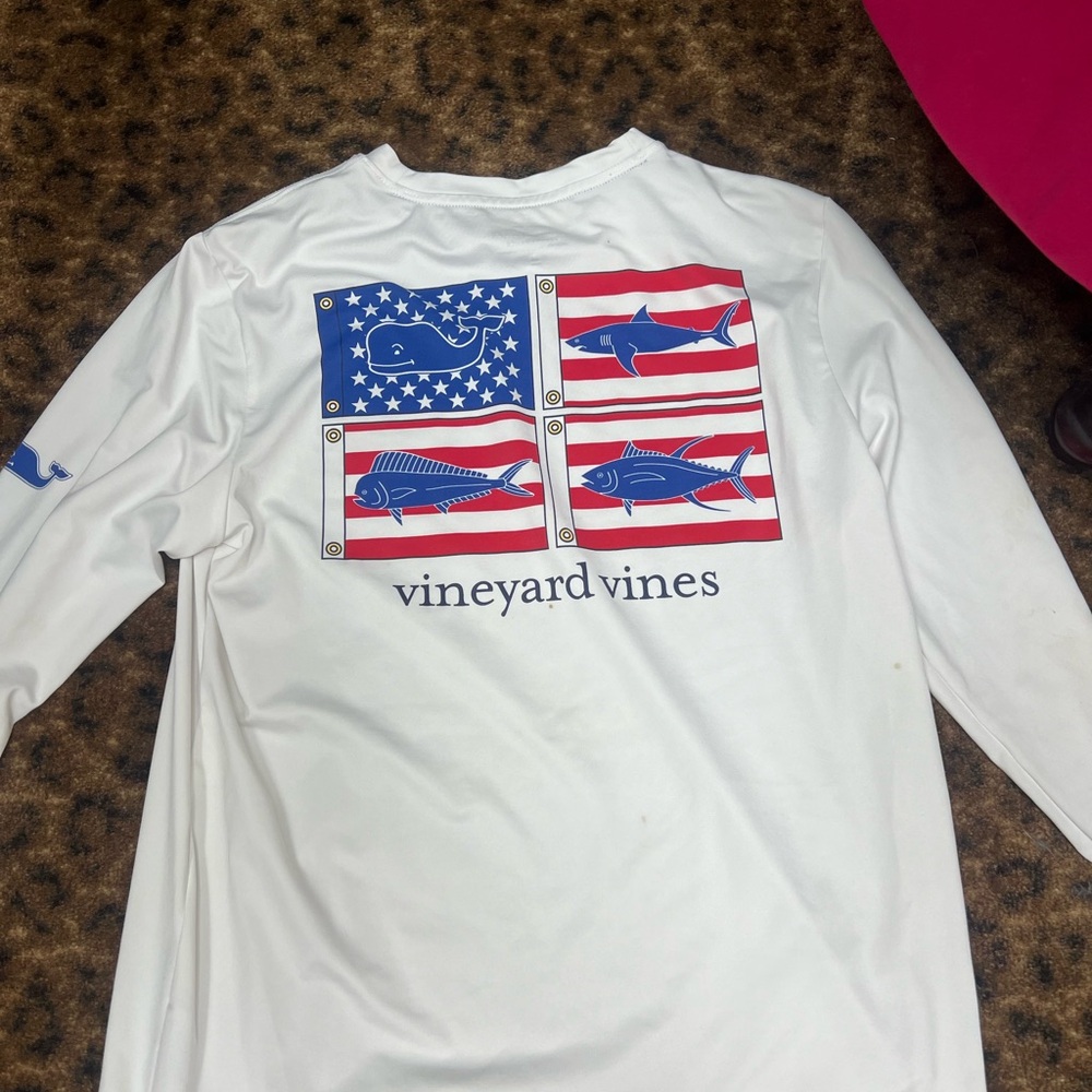 Vineyard Vines White Long Sleeve Performance Tee with Red & Blue Nautical Flags